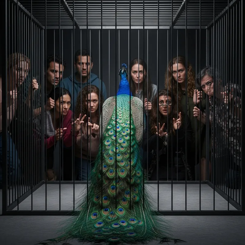 Majestic Peacock Captivated by Multicultural Crowd