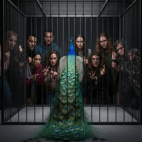 Vibrant Peacock in Colorful Enclosure - Multicultural Observers