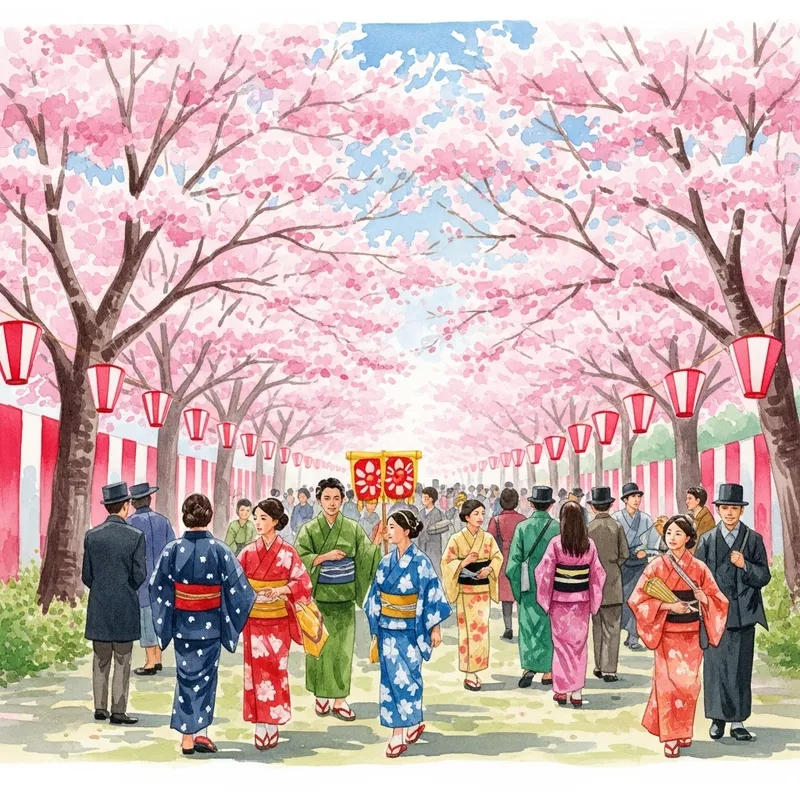 Vibrant Cherry Blossom Festival Watercolor Art