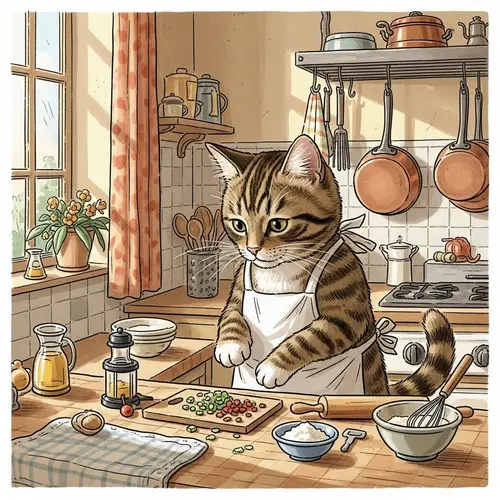 Cute Cat Cooking on Kitchen Counter - Wholesome Meal Preparation