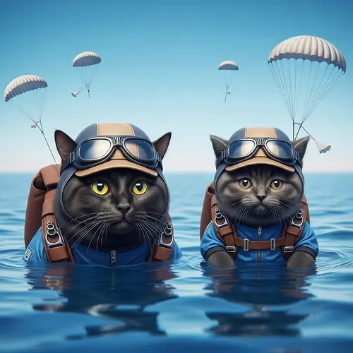 Realistic Black Cats Skydiving in Blue Sea - Stunning Image