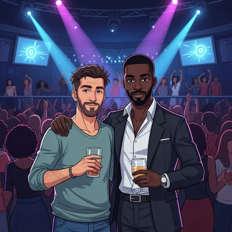 Stylish Men in a Vibrant Nightclub with Drake Stylish Men in a Vibrant Nightclub with Drake