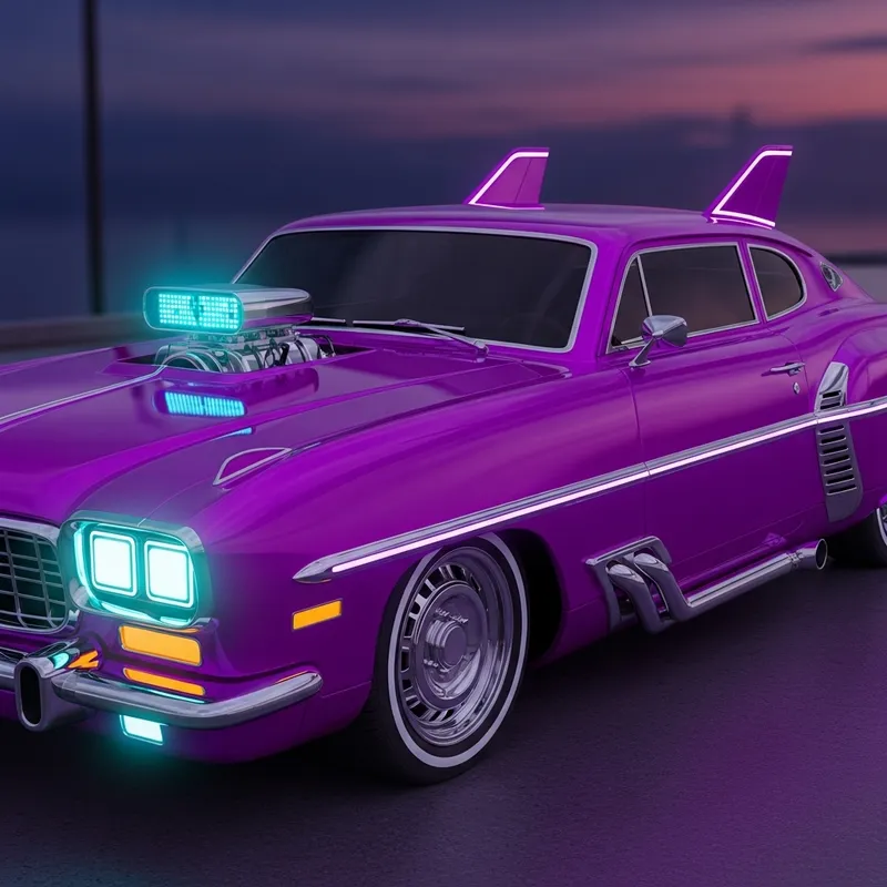 Intense Purple Cyberpunk Retro Car in Urban Environment Intense Purple Cyberpunk Retro Car in Urban Environment