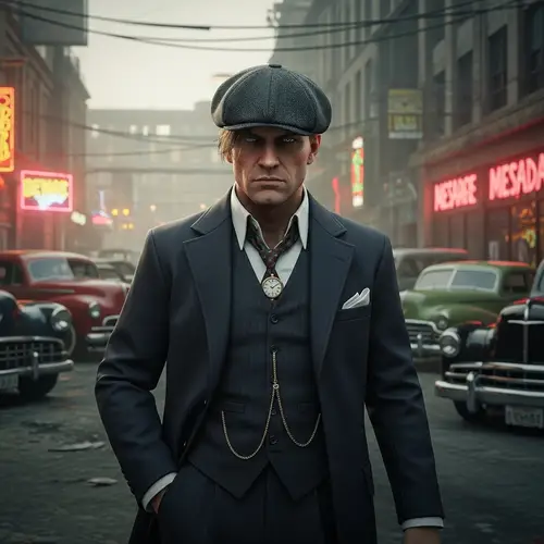 1920s Style Character in Gritty Urban Scene | Action Video Game Inspired