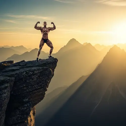 Glorious Athlete Stands on Precipitous Mountain Range