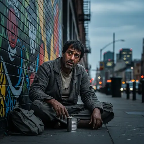 Homeless South Asian Individual Seated on City Sidewalk