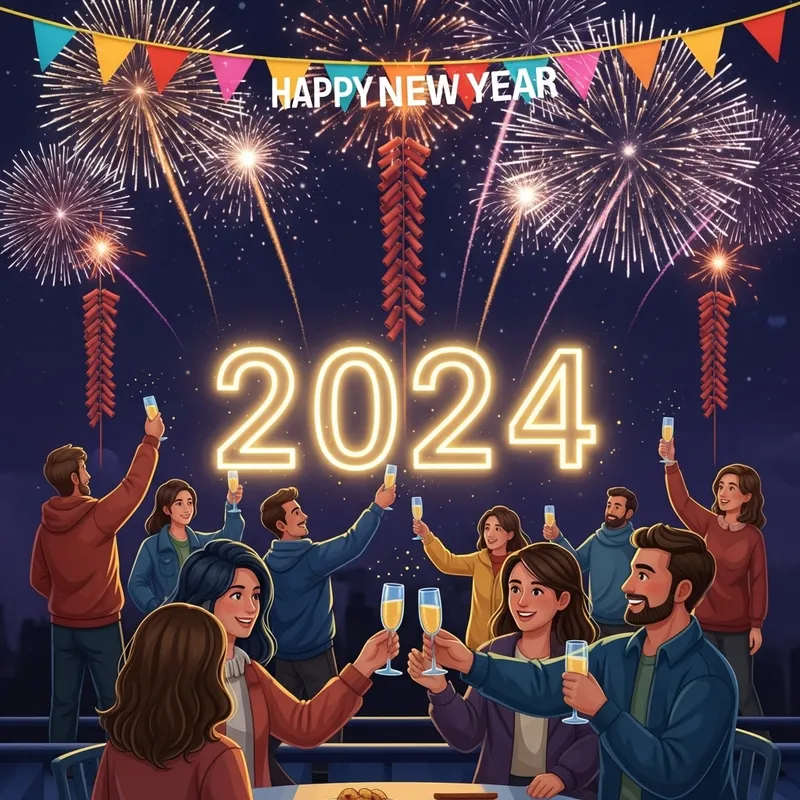 Vibrant 2024 New Year Celebration with Fireworks & Champagne Toast
