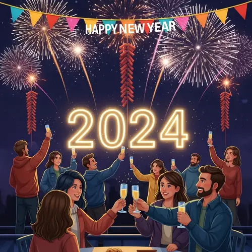 Vibrant New Year Celebration 2024 with Fireworks & Champagne Toast