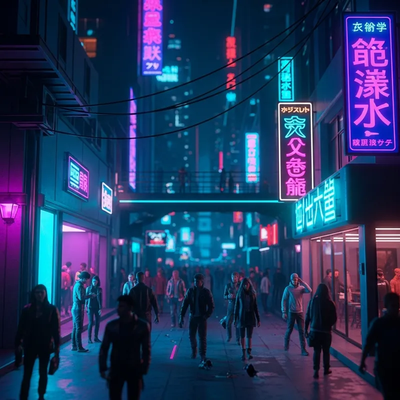 Neon Cyberpunk Cityscape | High Contrast Lighting, Miniature Effect