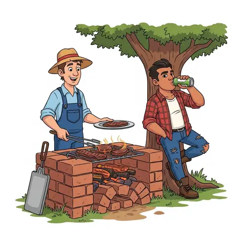 Cartoon Hillbillies Grilling Meat and Drinking Beer - Outdoor Feast Joy