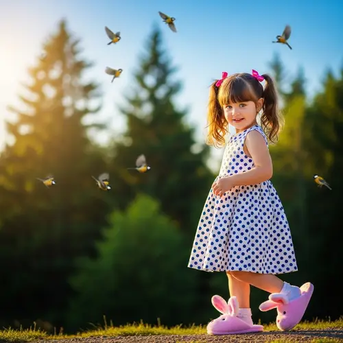 Playful Young Girl with Bright Eyes in Polka-dot Dress