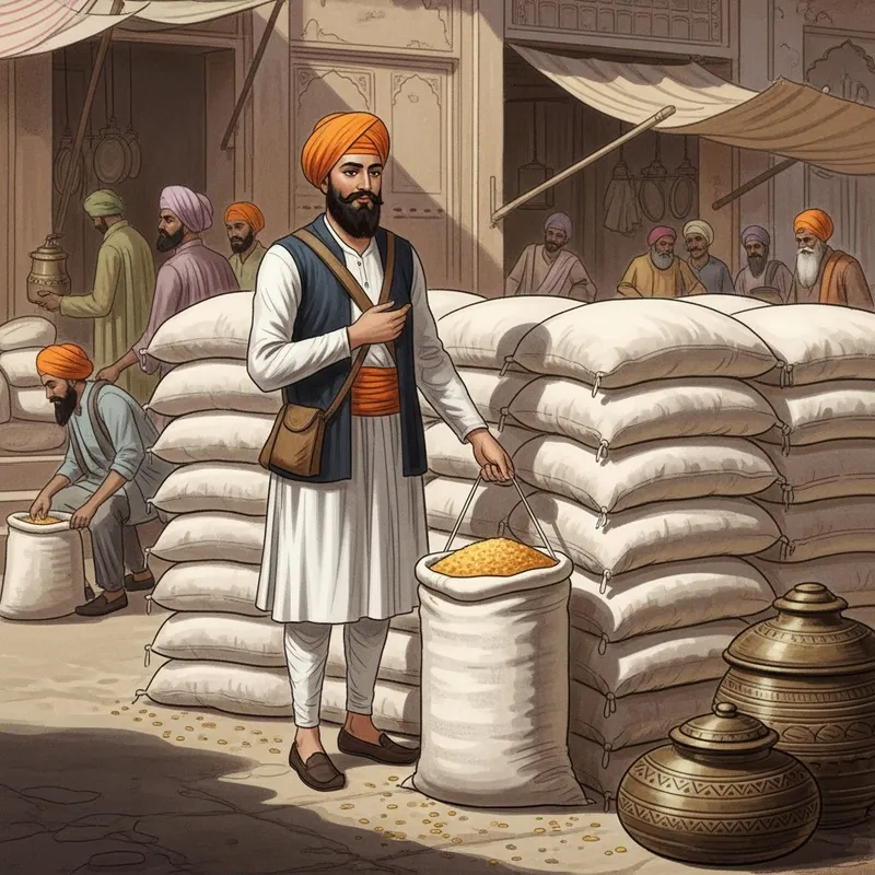 18th Century Sikh Businessman Selling Food Grain Bags