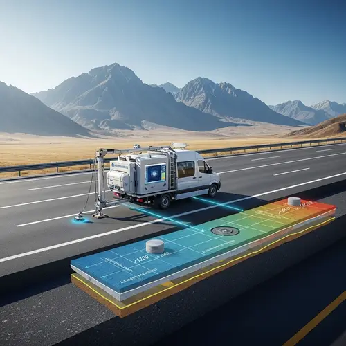 8K Photorealistic Image: Highway Van Pavement Analyzer & Radar Scan