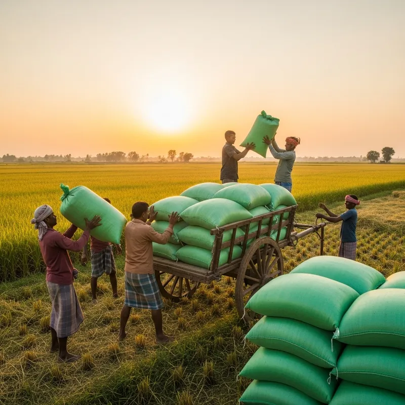 Rural Farmers Loading Paddy Bandel at Sunset