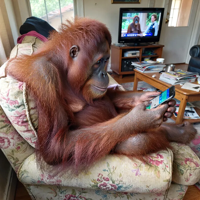Candid Orangutan in Suburban Living Room Snapshot