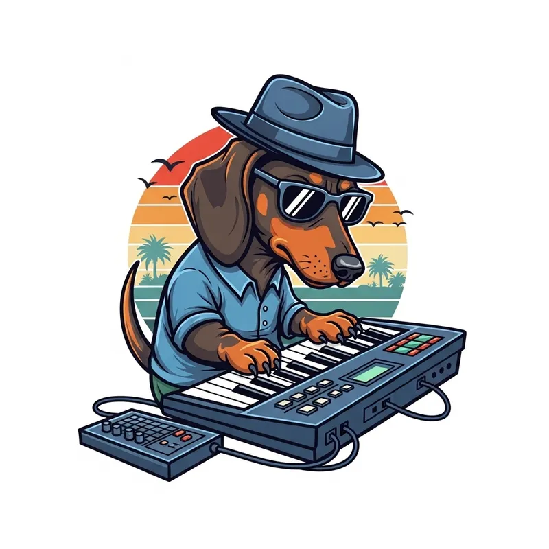 Cartoon Dachshund Musician Vector Art in Vintage Sunset
