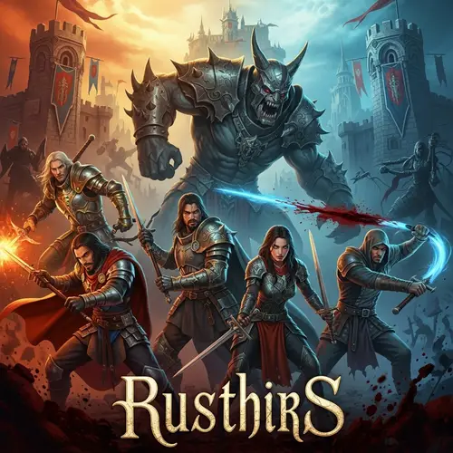 Dark Souls Style Album Cover with Four Heroes Battling Giant Villain