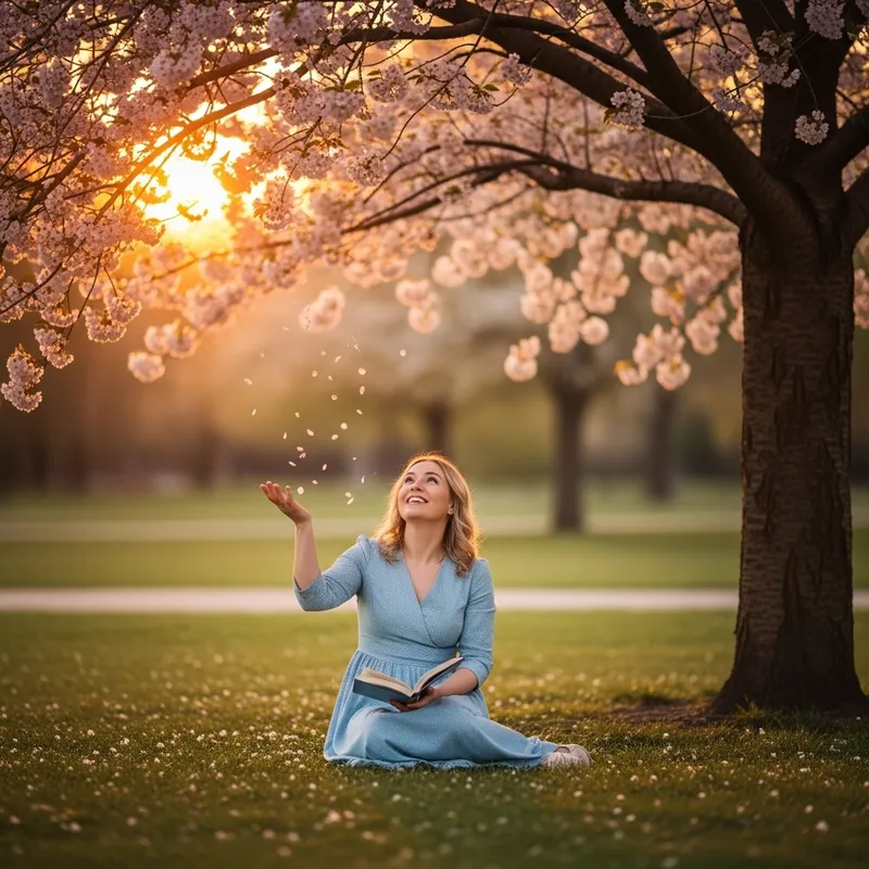 Happy and Healthy Woman in a Cherry Blossom Park
