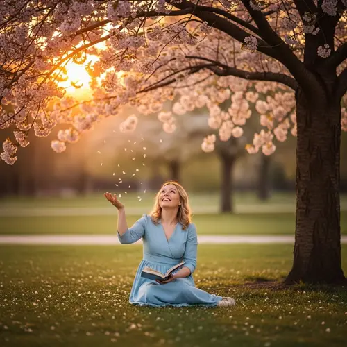 Happy and Healthy Caucasian Woman in Cherry Blossom Park