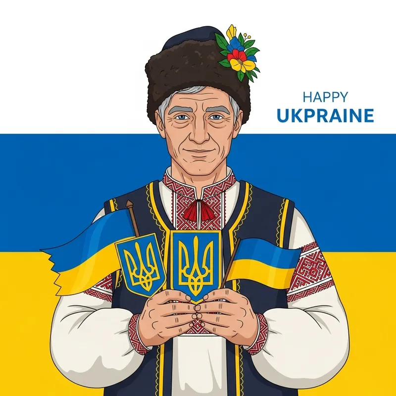 Painted Trump with Ukrainian Symbols on Yellow-Blue Flag