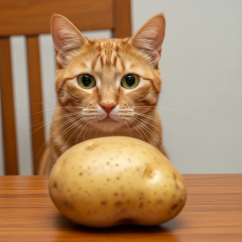 Curious Cat Fascinated by Potato on Table Curious Cat Fascinated by Potato on Table