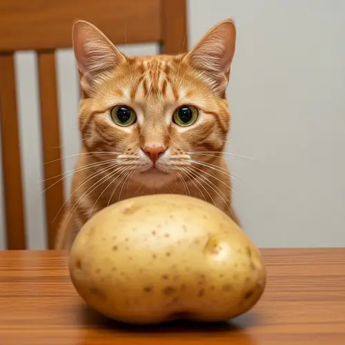 Curious Cat Observing Potato on Hardwood Table