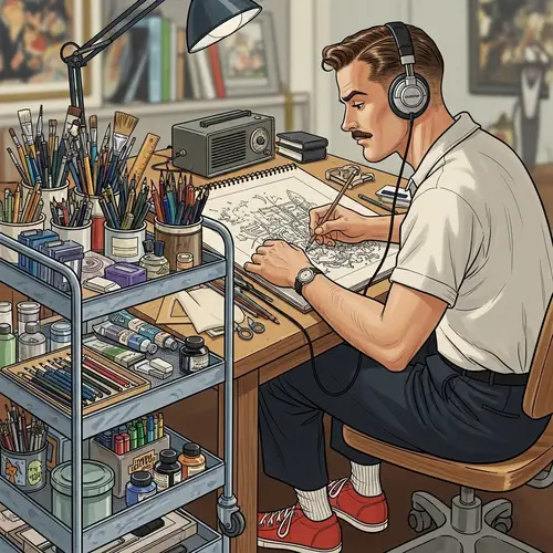 1950s Style Illustrator at Work | Drawing Artist with Music
