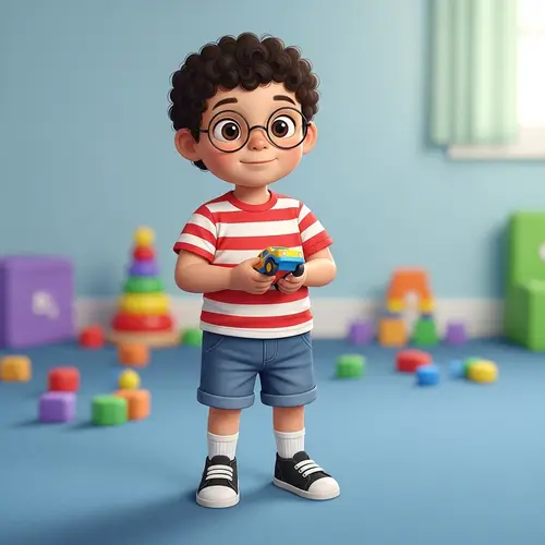 Innocent Hispanic Boy in Red Striped T-Shirt with Toy Car