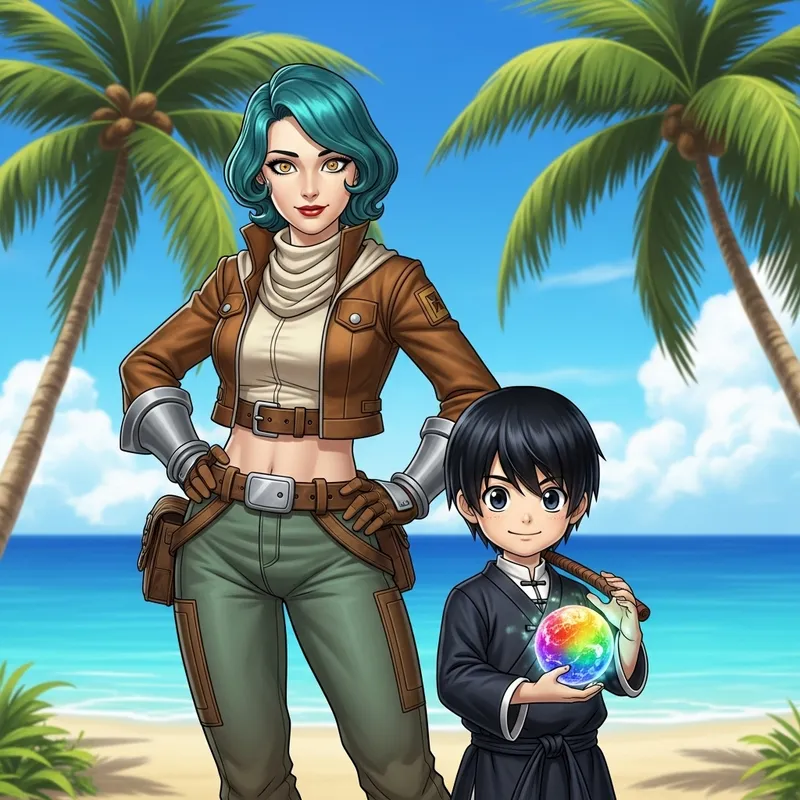 Dragon Ball Z-Inspired Swimwear: Bulma with Milk at Tropical Beach Dragon Ball Z-Inspired Swimwear: Bulma with Milk at Tropical Beach