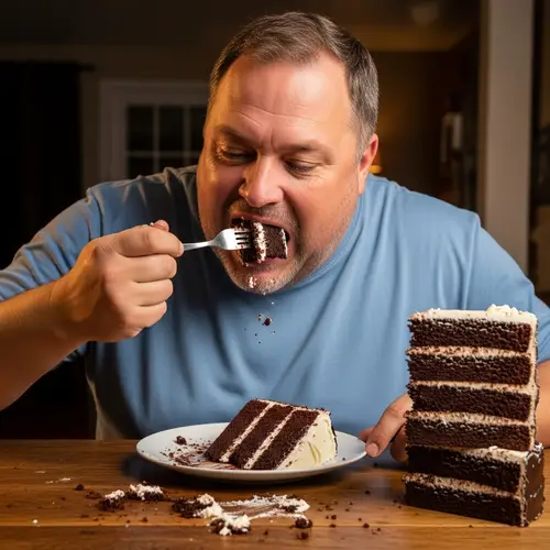 Indulgent man enjoys chocolate cake | Cake glutton in action
