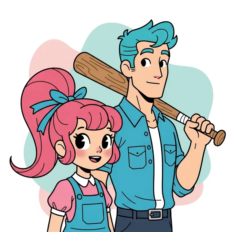 Vintage Style Pink Hair Girl & Turquoise Hair Man Illustrations