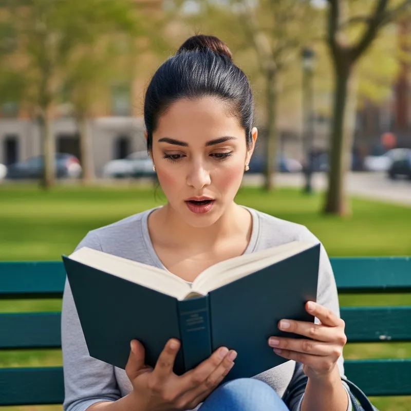 Shocked Woman Reading Book in Park | Embarrassed Expression
