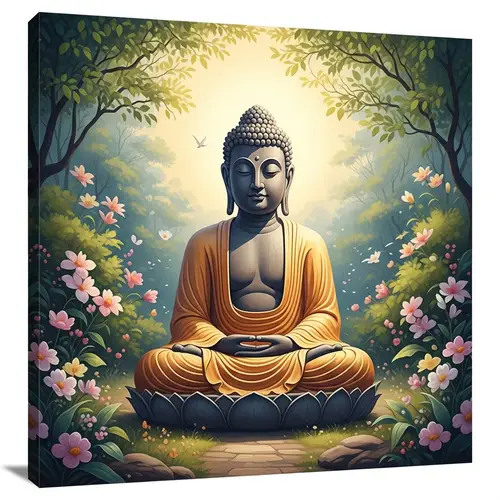 Tranquil Meditating Buddha in Lush Garden | Asian Art Style