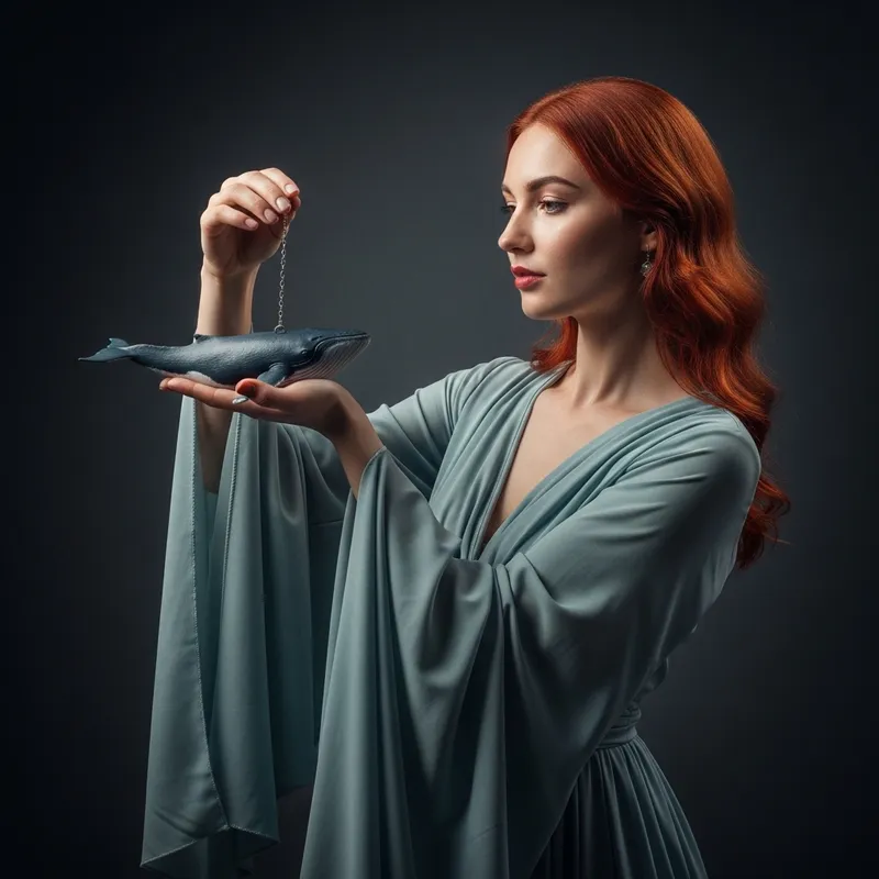 Stunning Red-Haired Model Admiring Miniature Whale Replica
