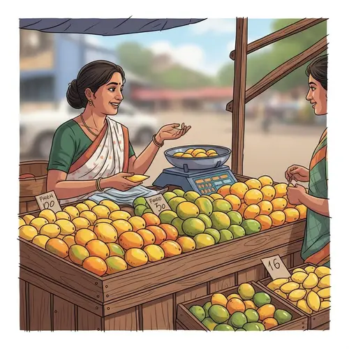 South Asian Woman Selling Ripe Mangoes | Outdoor Market Scene
