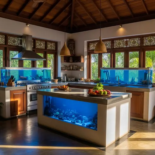 Open Plan Kitchen with Sea Water Aquarium Islands | Sri Lankan Decor