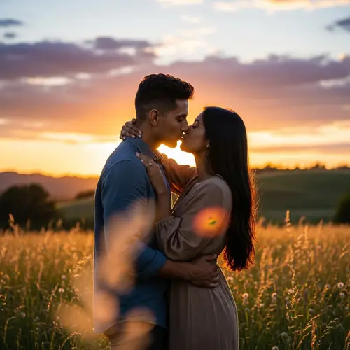 Romantic Sunset Kiss - Hispanic Man & South Asian Woman