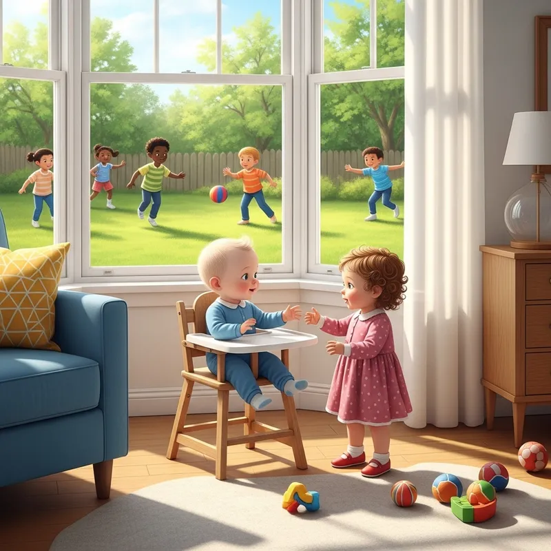 Joyful Interactions in Light-Filled Living Room with Baby Boy and Playful Sister