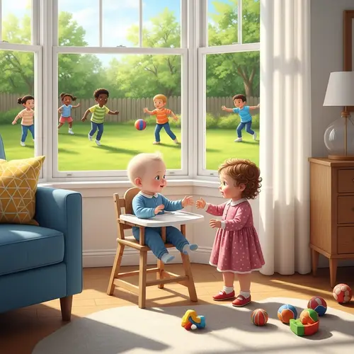 Sun-Bathed Living Room Scene with Baby Boy and Play Sister