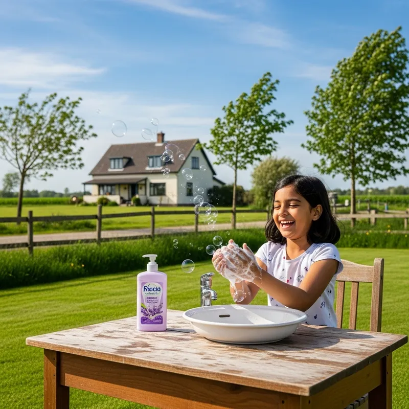 Tranquil Countryside Scene: Girl Bathing with Lavender Soap Tranquil Countryside Scene: Girl Bathing with Lavender Soap