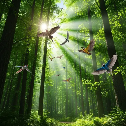 Majestic Green Forest | Vivid Nature Scene with 3D Birds