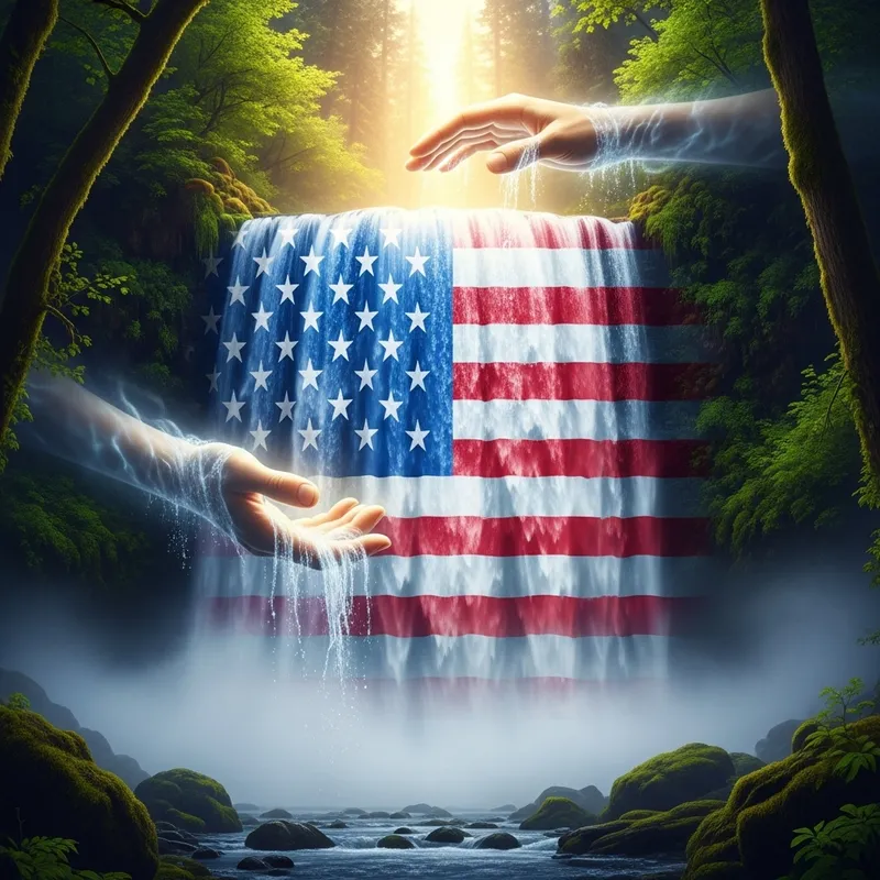 God's Hands Through Waterfall: American Flag Reflection