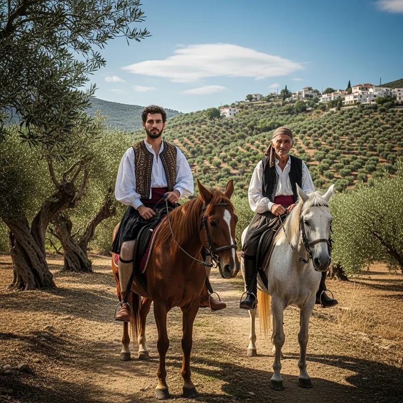 Father and Son Riding Horses in Greece