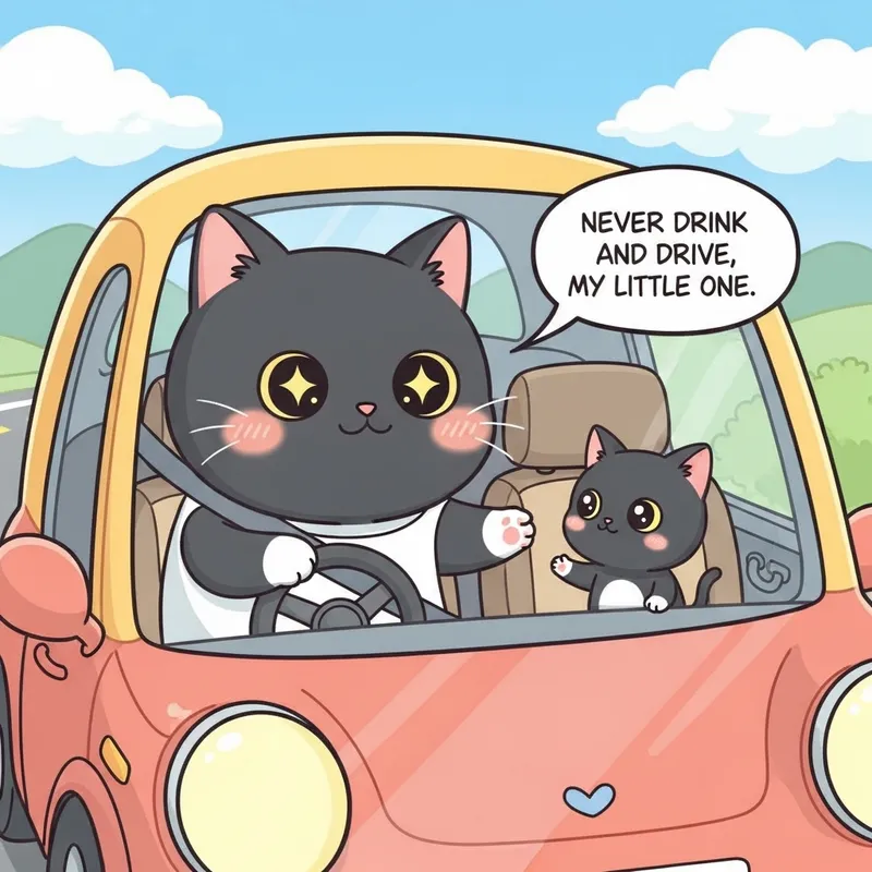 Kawaii Black Daddy Cat Teaching Drink & Drive Lesson