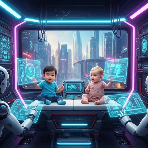 Future Kids: Asian Baby Boy & Caucasian Baby Girl in High-Tech Environment