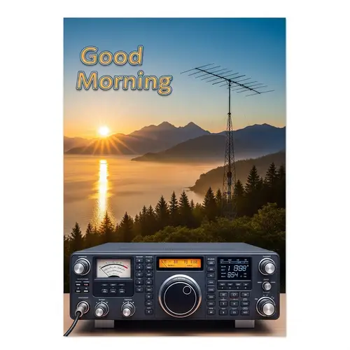 Good Morning Postcard for Radio Amateurs: Sun, Mountains, Forest, Sea