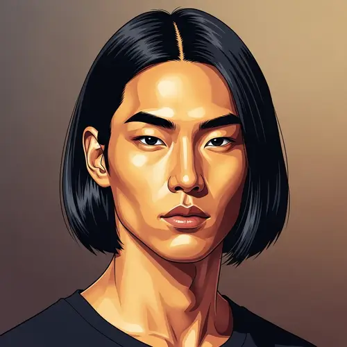 Asian Man with Bob Haircut - Charming Illustrated Portrait