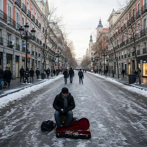 Winter Morning Scene in Madrid City Center - Tranquil Snowy Streets