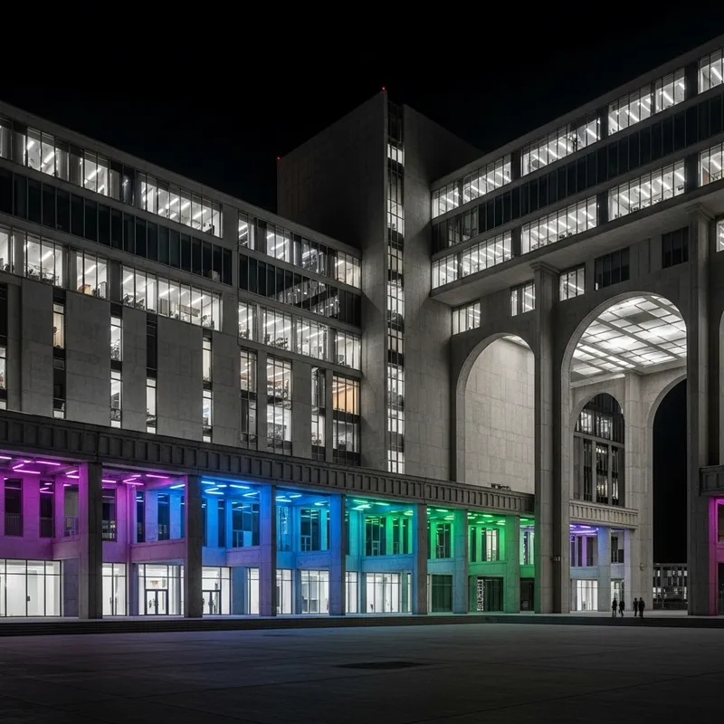 Futuristic Soviet Style Neon School at Night