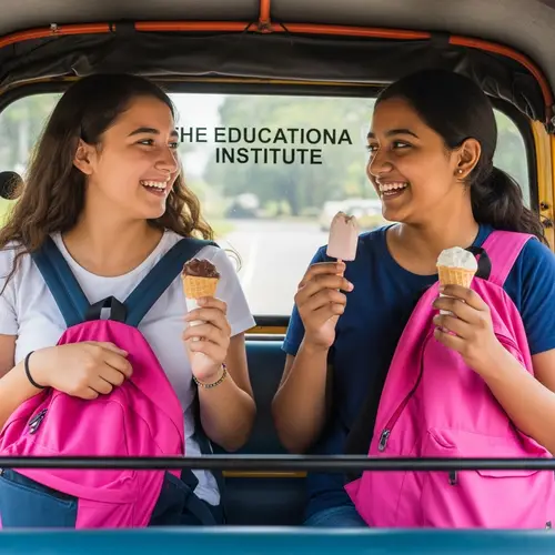 Joyful Auto Rickshaw Journey to Education Institute with Pink Bags and Ice Creams